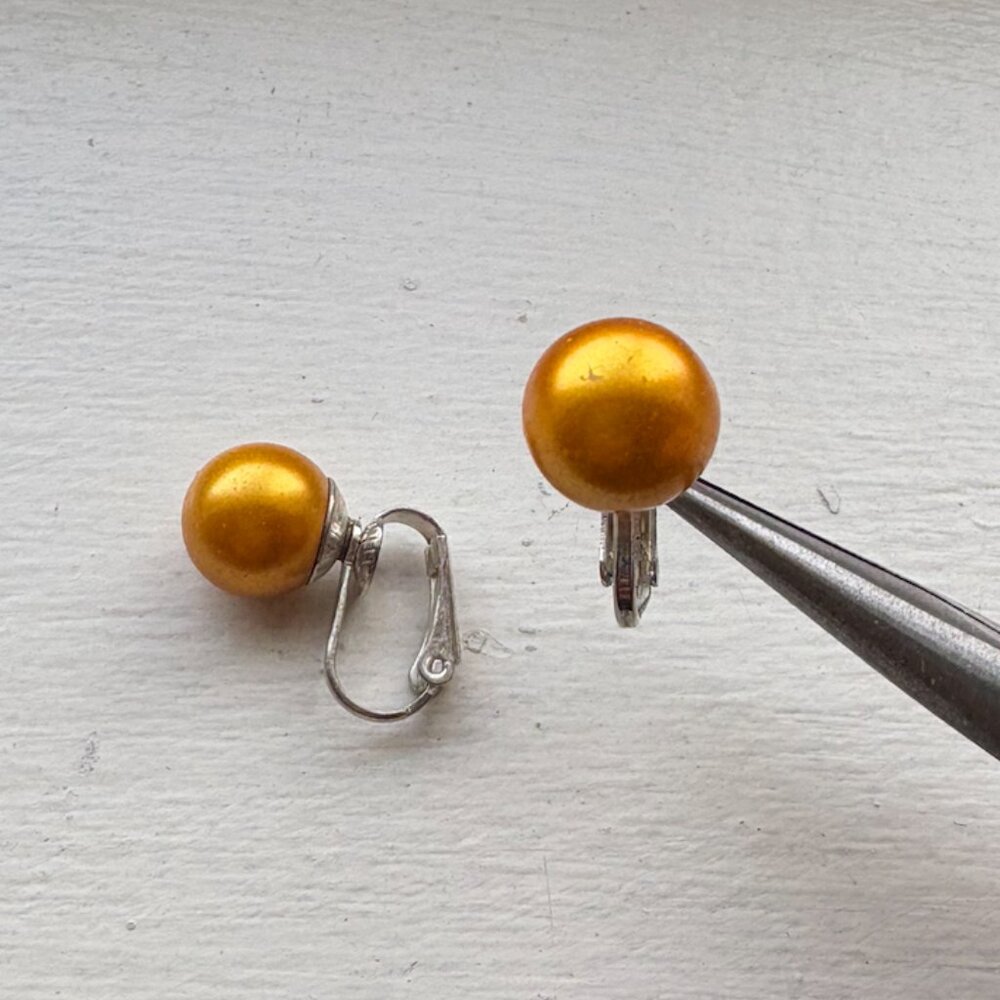 Orange Gold Faux Pearl Silvertone Clip-On Earrings